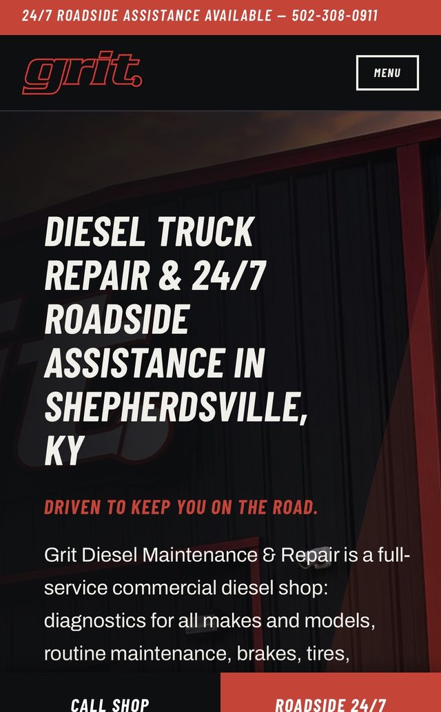 Grit Diesel website on a phone: diesel truck repair and 24/7 roadside assistance in Shepherdsville, KY