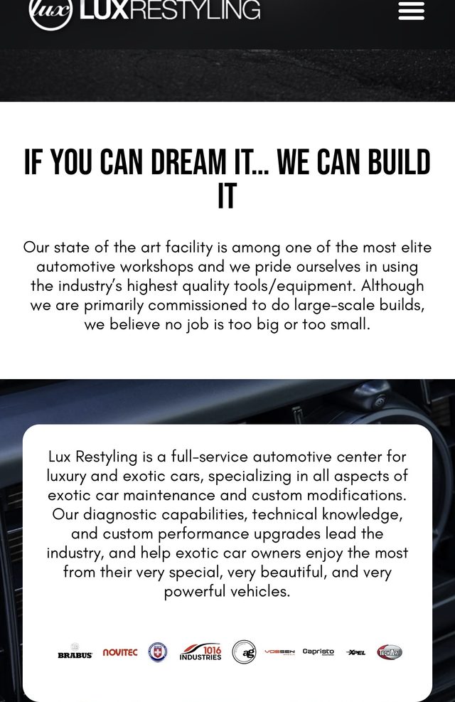 Lux Restyling website on a phone, showing the Brabus and Novitec partner logos