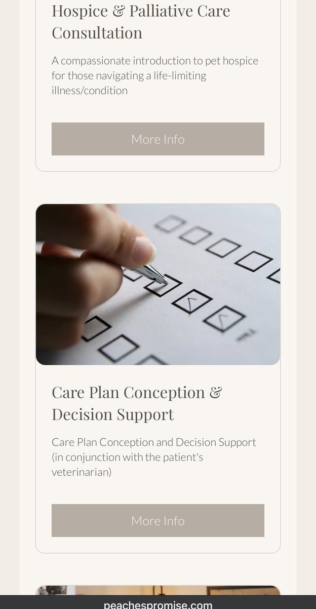Peaches Promise website on a phone: pet hospice and palliative care consultation
