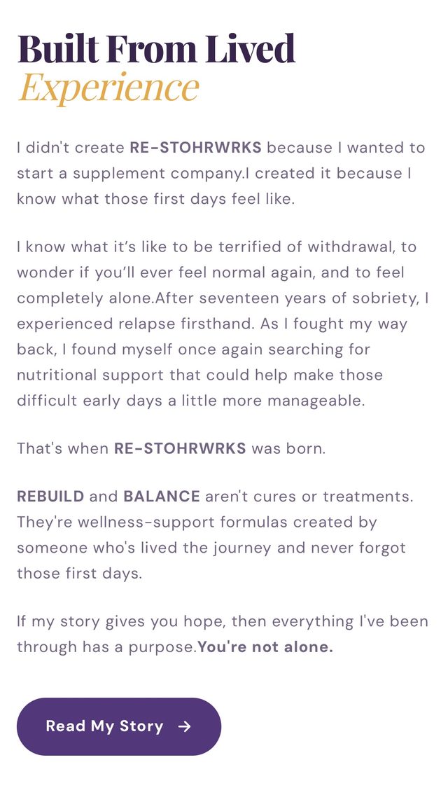 Re-Stohr website on a phone, founder story section