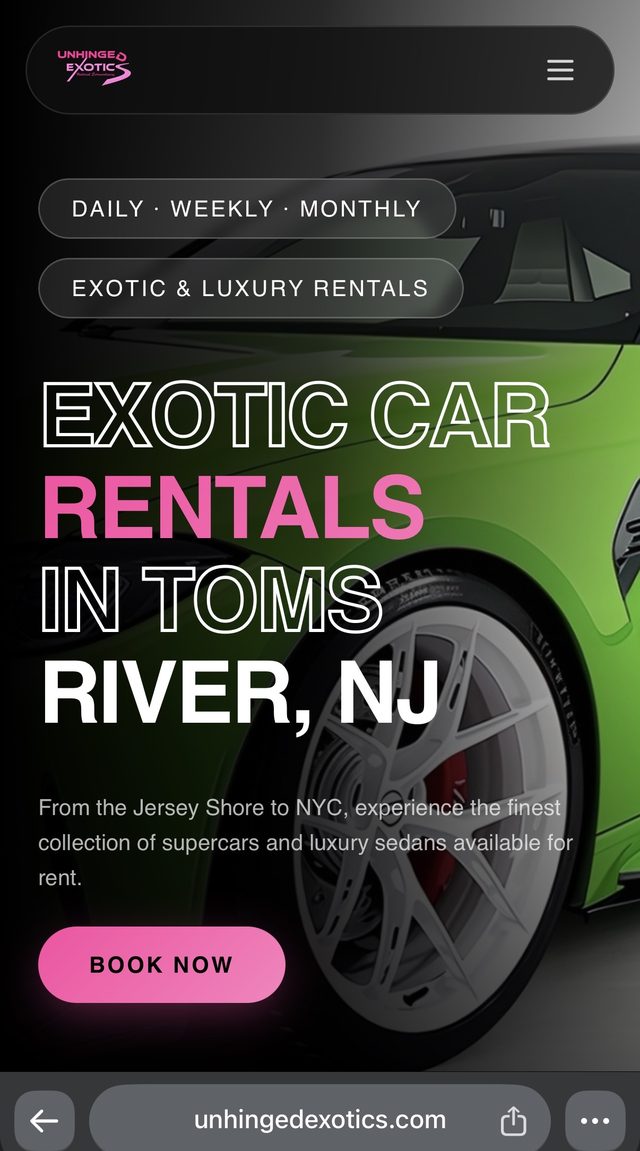 Unhinged Exotics website on a phone: exotic car rentals in Toms River, NJ